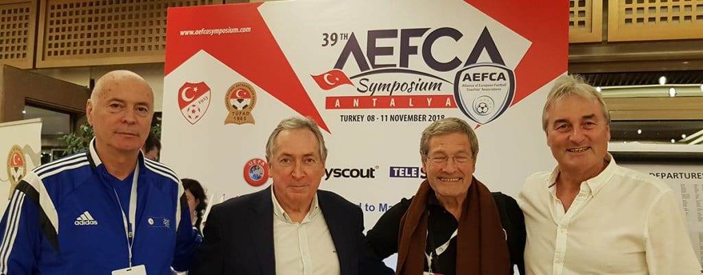 AEFCA Symposium in Belek 2018: Dr. Yuri Nikolov, Gerard Houllier, Walter Gagg und Peter Schreiner